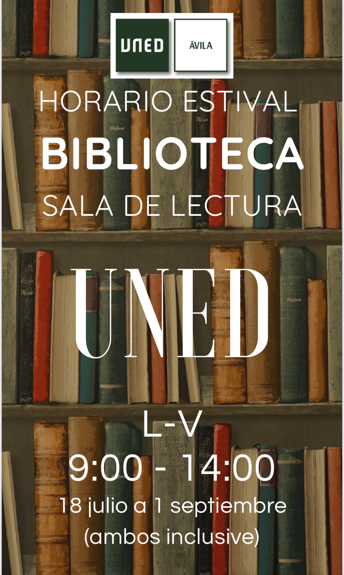 Horario Estival Biblioteca UNED Ávila 